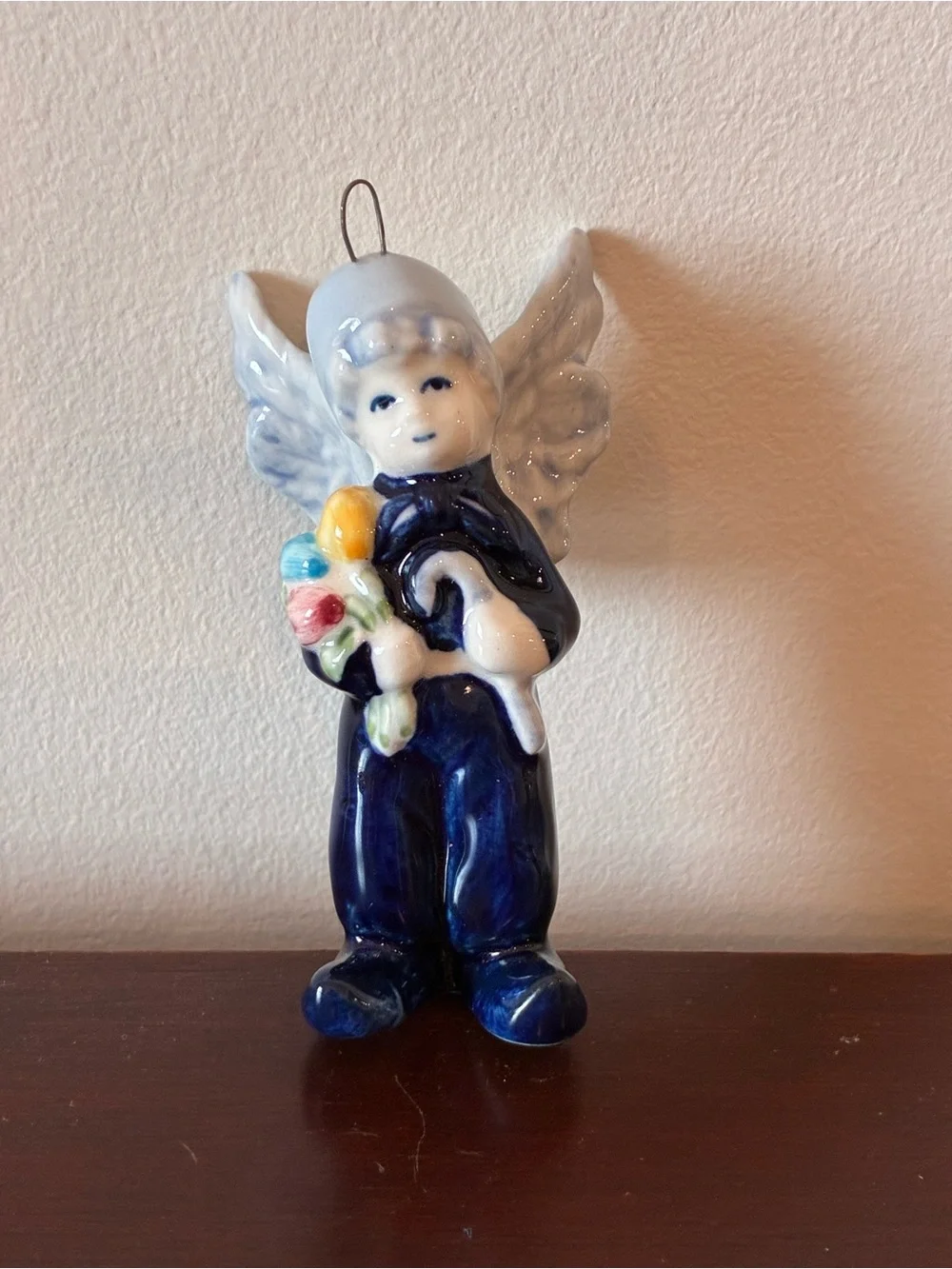 Vintage Delft Style Dutch Boy & Girl Angel Porcelain Christmas Ornaments Pair